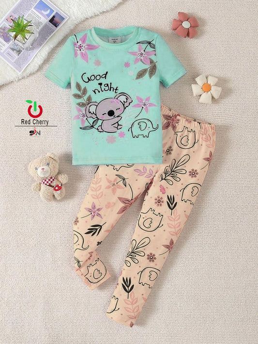 Green Good Night Floral Bear Printed Half Sleeves Tshirt with Floral Printed Trouser The Ultimate Kids Sleep Suit (CC-066)