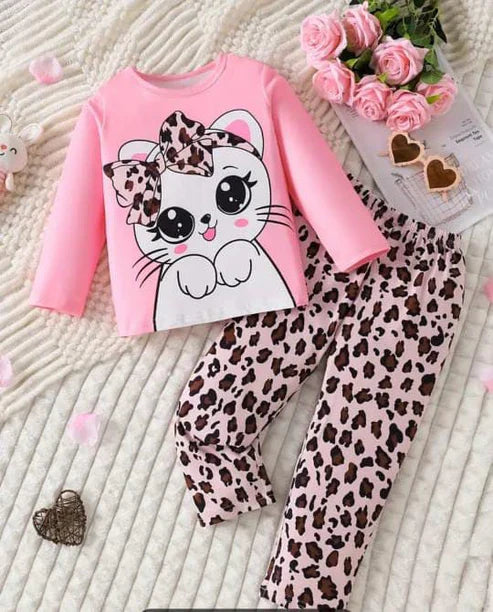Pink Cute Kitty with cheetha pajama Printed Kids Night Suit (CC-045)