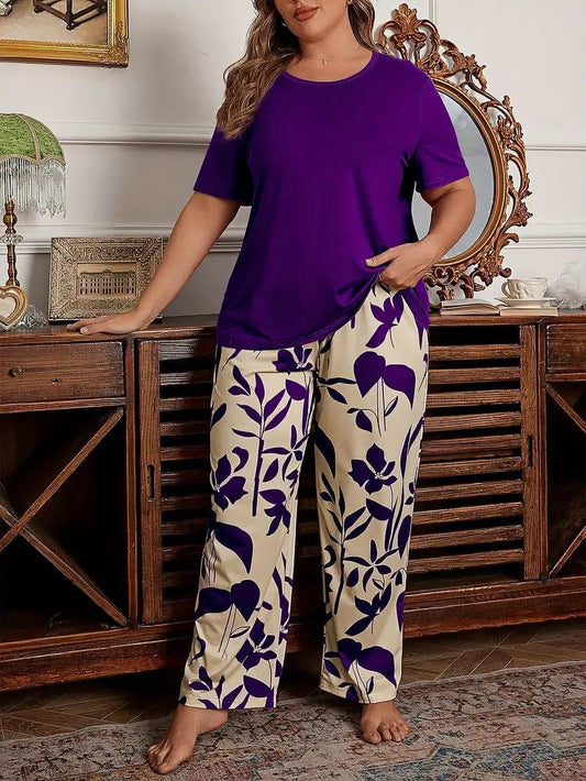 Purple Plain Half Sleeves Shirt with floral Printed pajama (CC-128)