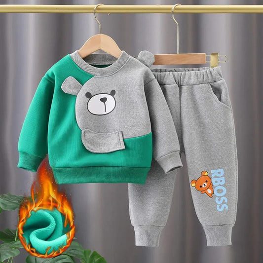 Green With Grey Bear Print Sweatshirt With Grey Trouser For Kids (CC-115)