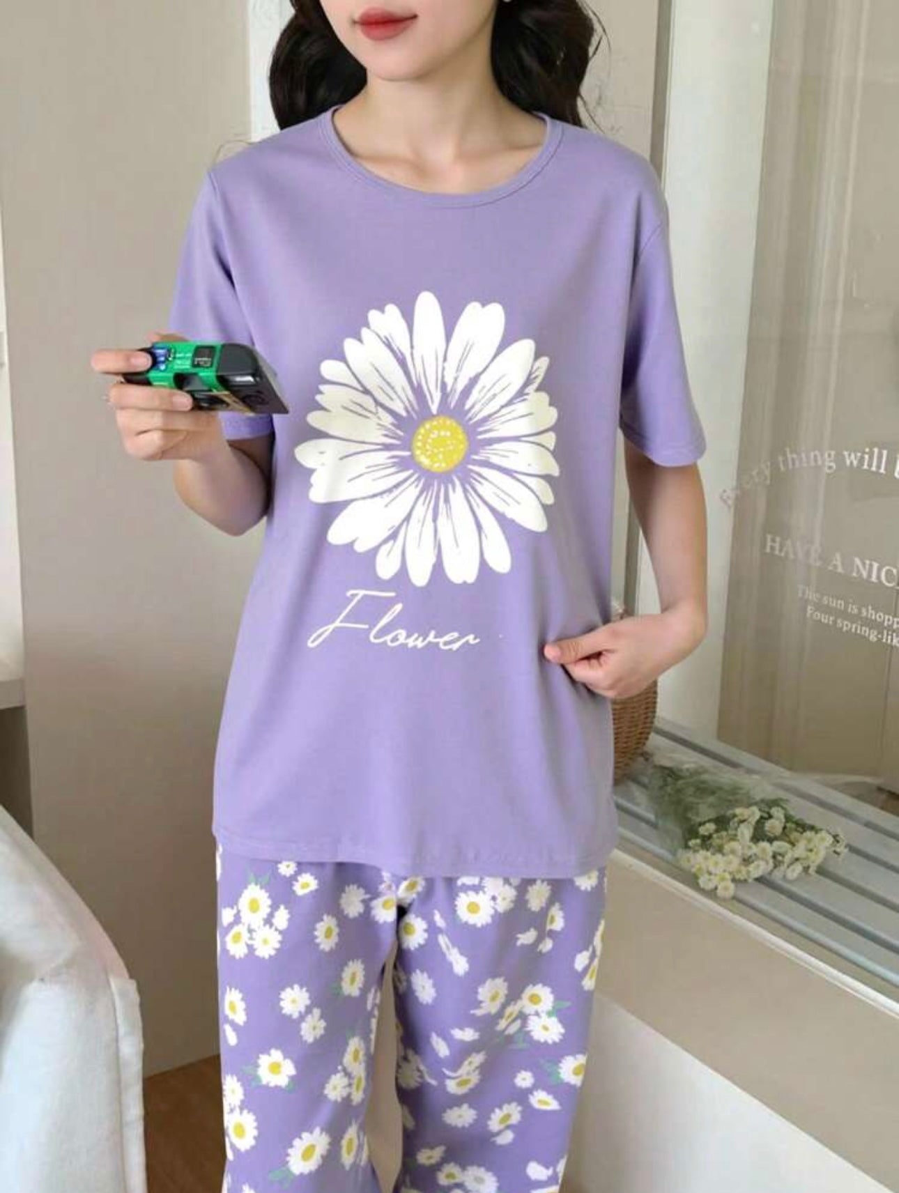 Lilac Sun Flowers Printed Half Sleeves Night Suit (CC-126)