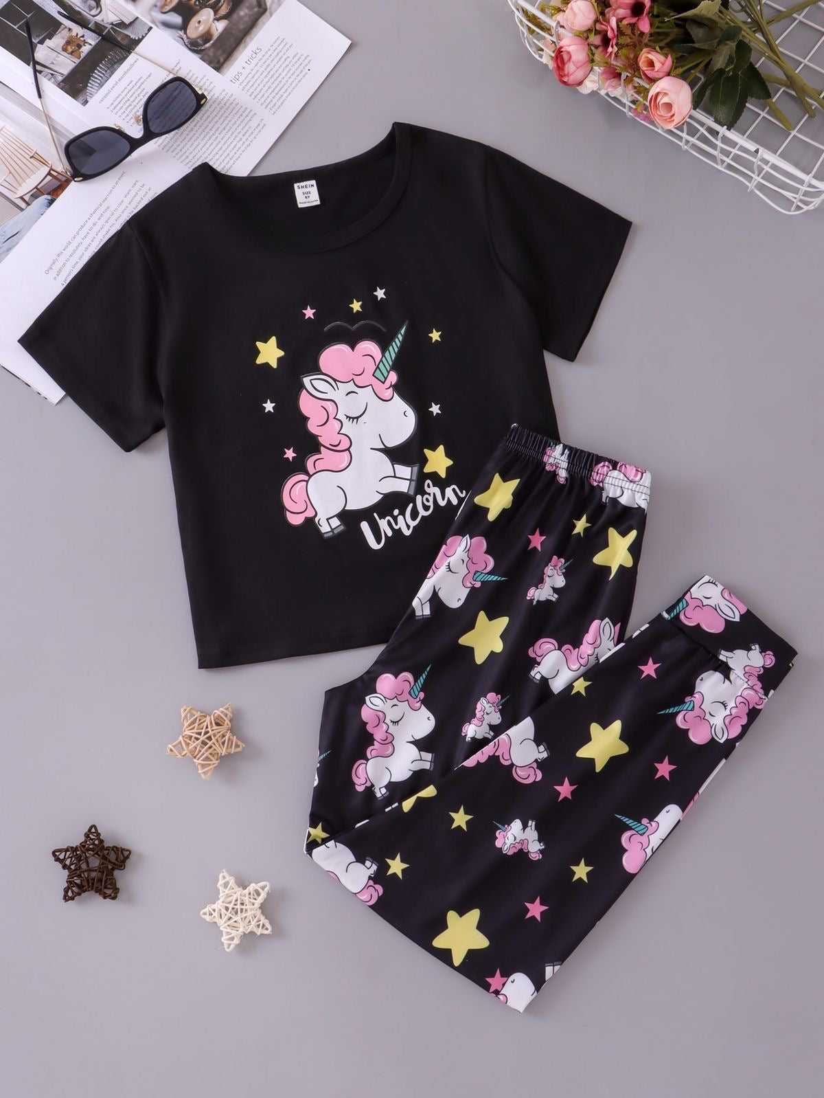Black Unicorn Printed Half Sleeves T-shirt with unicorn Star Printed Pajama Kids Suits (CC-062)