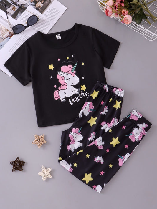 Black Unicorn Printed Half Sleeves T-shirt with unicorn Star Printed Pajama Kids Suits (CC-062)