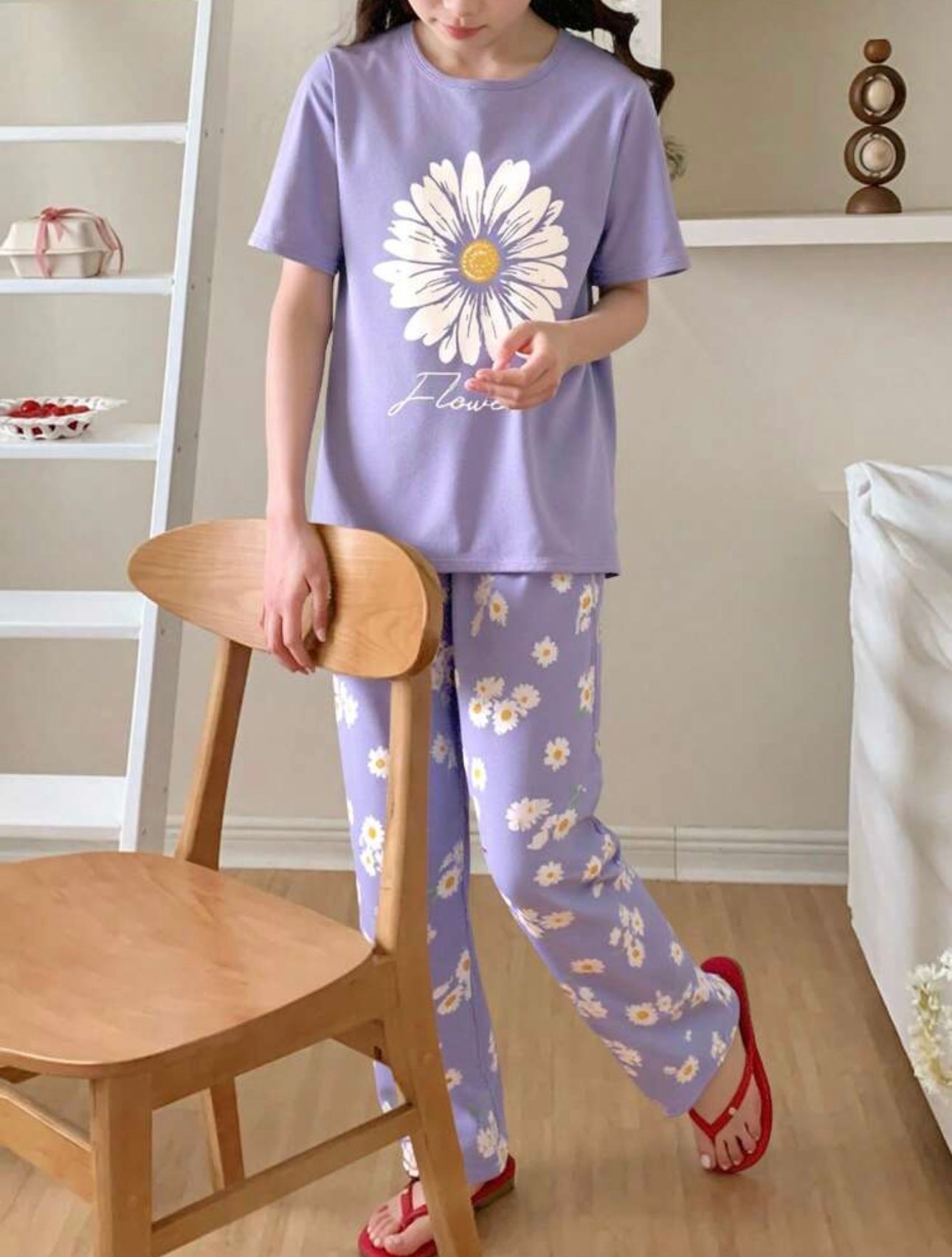 Lilac Sun Flowers Printed Half Sleeves Night Suit (CC-126)