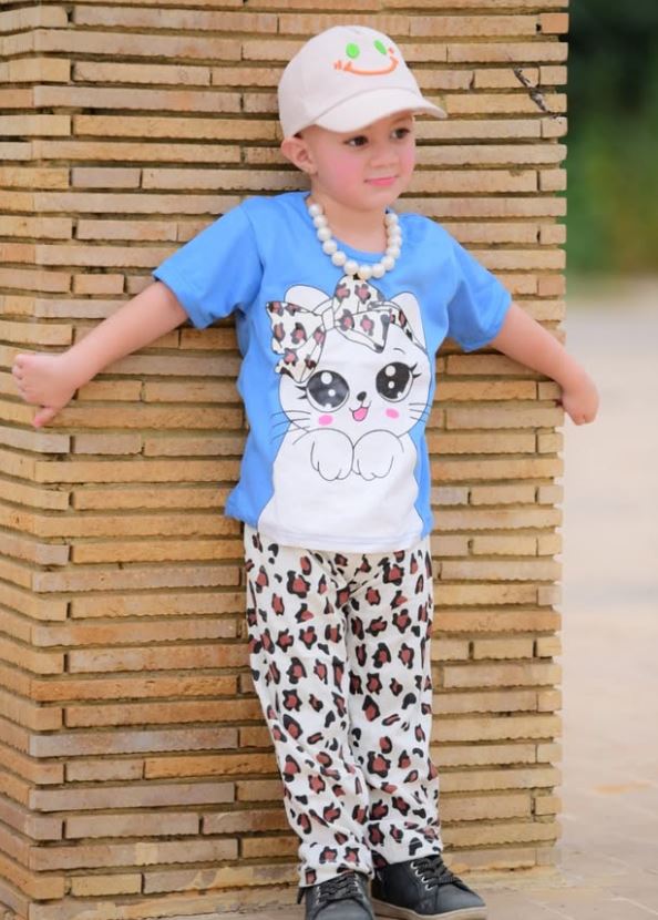 Sky Blue Cute Kitty With Cheetha Pajama Printed Kids Night Suit (CC-058)