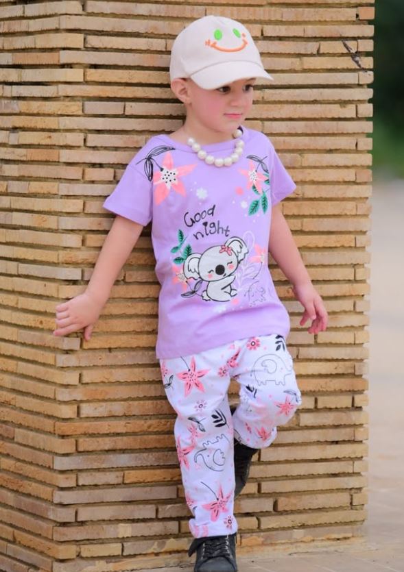 Lilac Good Night Floral Bear Printed Half Sleeves T-shirt with Floral Printed Pajama Kids Suits (CC-060)