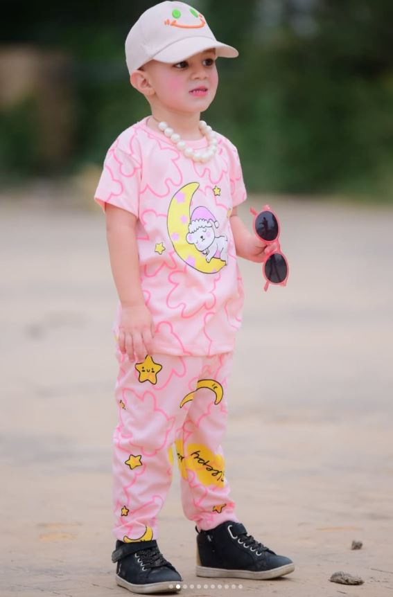 Baby Pink Moon Bear Printed Half Sleeves T-shirt with Moon Star Printed Pajama Kids Suits (CC-064)