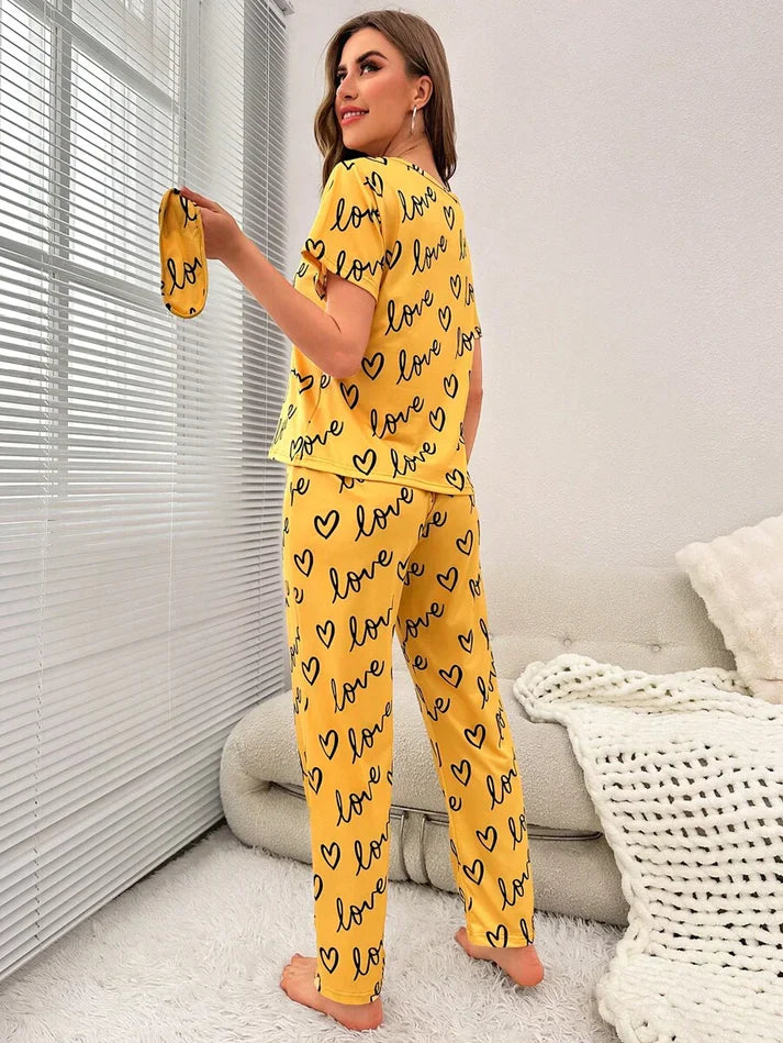 Yellow Love Heart Print Half Sleeves Shirt With Printed Trouser (C-C-455)