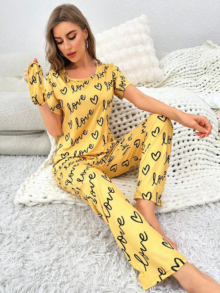 Yellow Love Heart Print Half Sleeves Shirt With Printed Trouser (C-C-455)