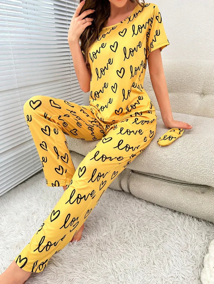 Yellow Love Heart Print Half Sleeves Shirt With Printed Trouser (C-C-455)
