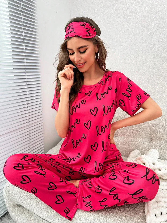 Dark Pink Love Heart Print Half Sleeves Shirt With Printed Trouser (C-C-454)