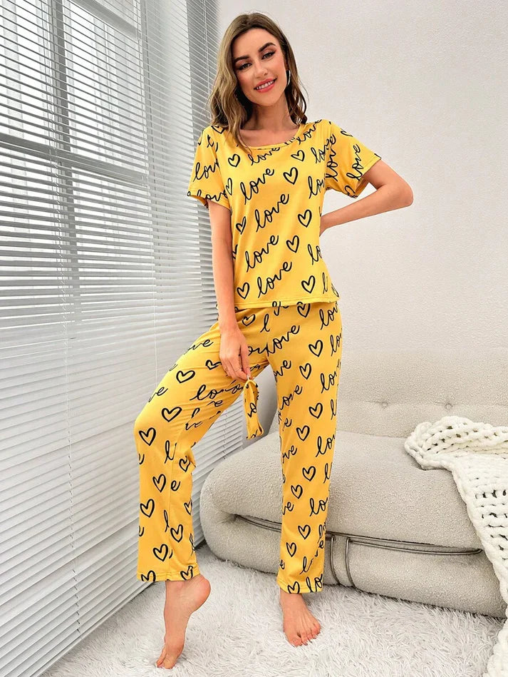 Yellow Love Heart Print Half Sleeves Shirt With Printed Trouser (C-C-455)