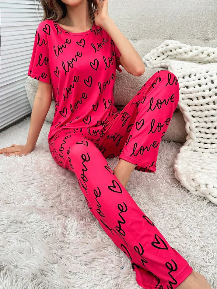 Dark Pink Love Heart Print Half Sleeves Shirt With Printed Trouser (C-C-454)