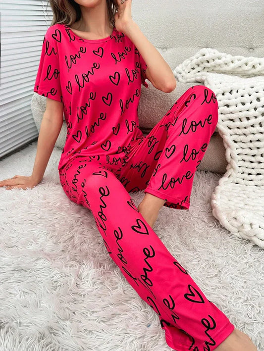 Dark Pink Love Heart Print Half Sleeves Shirt With Printed Trouser (C-C-454)