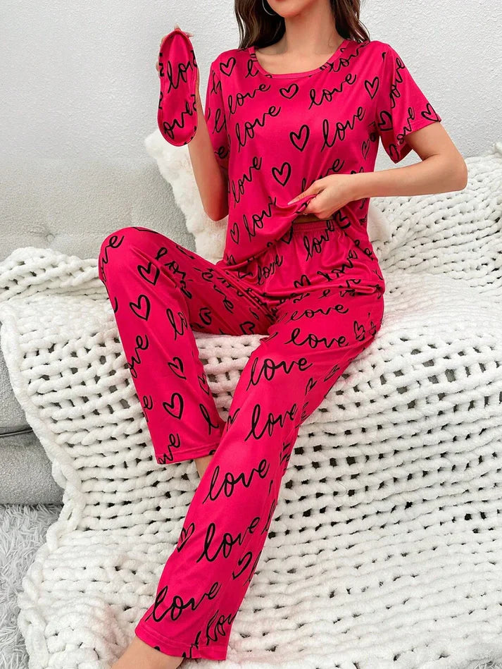 Dark Pink Love Heart Print Half Sleeves Shirt With Printed Trouser (C-C-454)