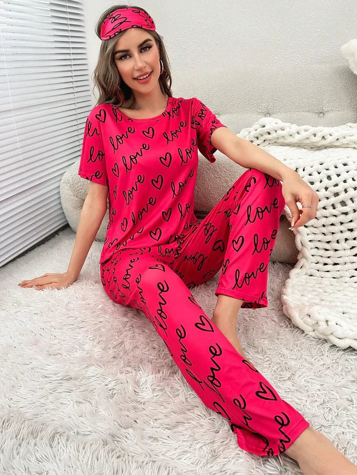 Dark Pink Love Heart Print Half Sleeves Shirt With Printed Trouser (C-C-454)