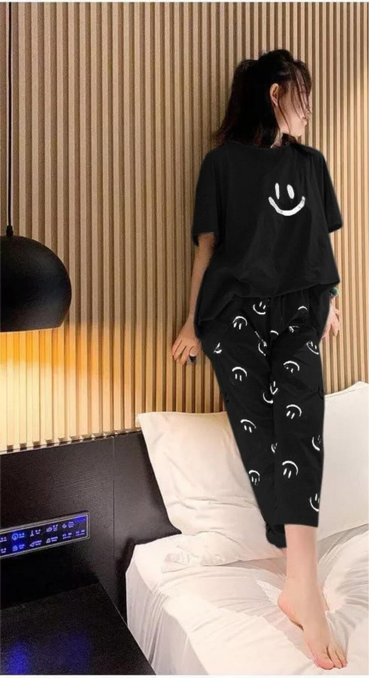 Black Smiley With Smile Trouser Half Sleeves Printed Trouser (C-C-494)