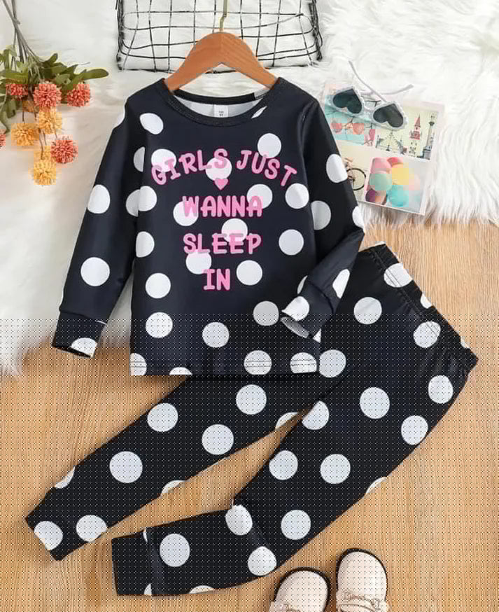 Black Polka Dot wanna sleep Printed Kids Night Suit (CC-040)