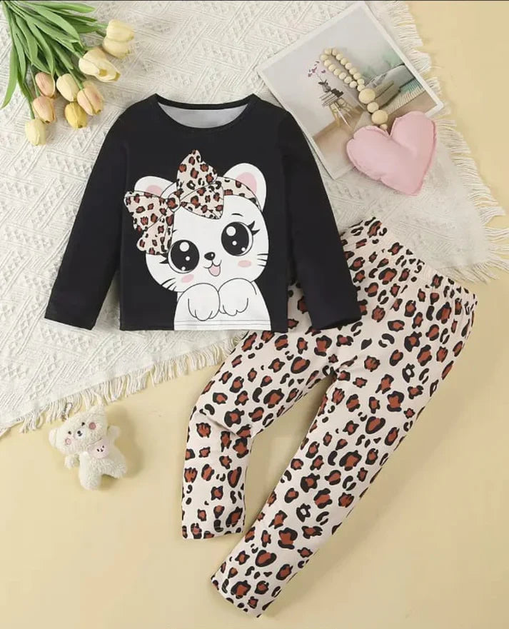 Black Cute Kitty With Cheetha Pajama Printed Kids Night Suit (CC-059)
