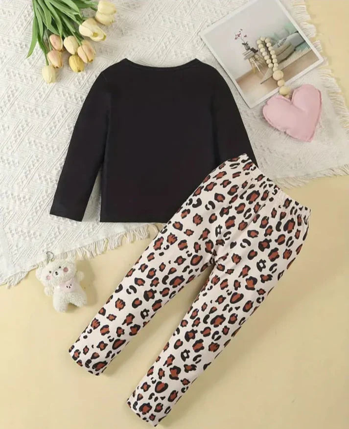 Black Cute Kitty With Cheetha Pajama Printed Kids Night Suit (CC-059)