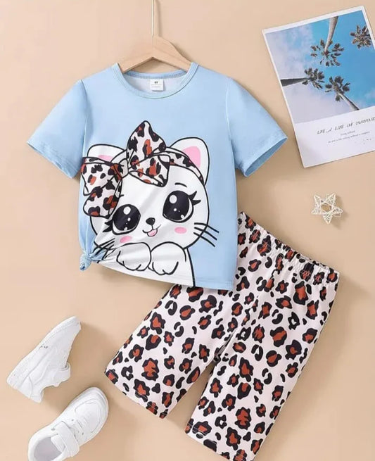 Sky Blue Cute Kitty With Cheetha Pajama Printed Kids Night Suit (CC-058)