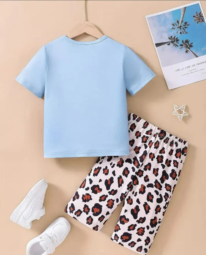 Sky Blue Cute Kitty With Cheetha Pajama Printed Kids Night Suit (CC-058)