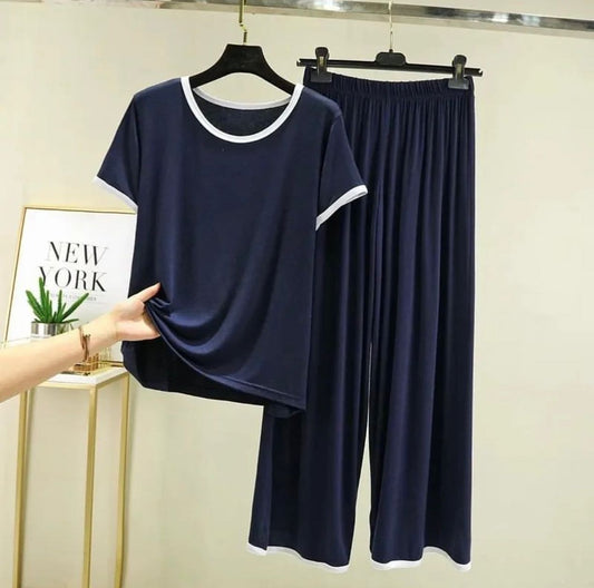 Navy Blue Round Neck Piping Half Sleeves Shirt With Palazzo Style Trouser Home Wear (C-C-385)