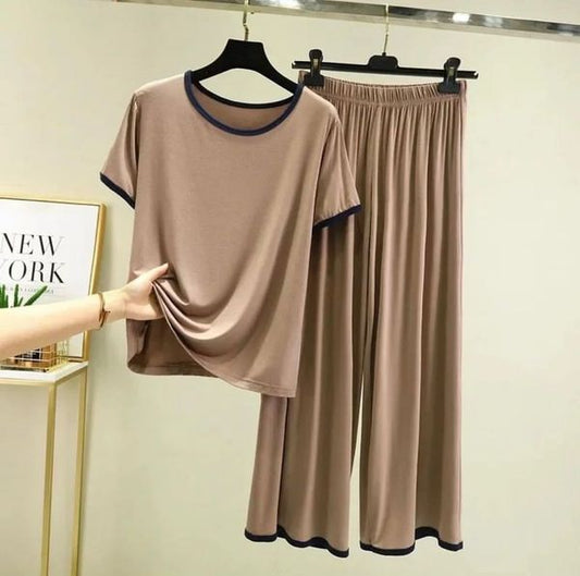 Skin Round Neck Piping Half Sleeves Shirt With Palazzo Style Trouser Home Wear (C-C-386)