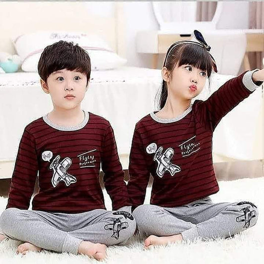 Baby or Baba Maroon and Grey Flying Performance Print Night Suit for Kids (C-C-224)