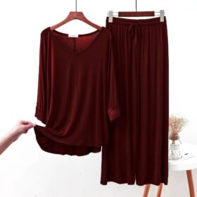 Maroon Plain V Neck Shirt With Lose Style Lounge Wear (C-C-0338)