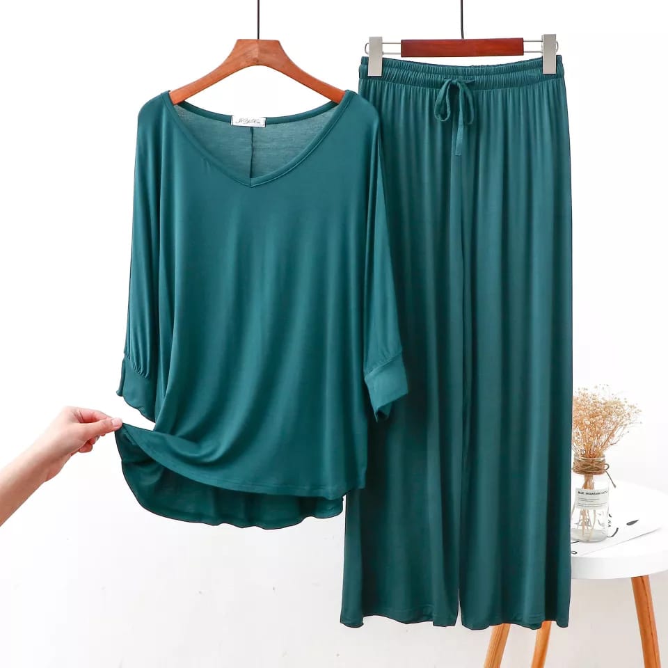 Green Plain V Neck Shirt With Lose Style Lounge Wear (C-C-365)