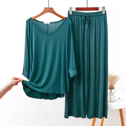 Green Plain V Neck Shirt With Lose Style Lounge Wear (C-C-365)