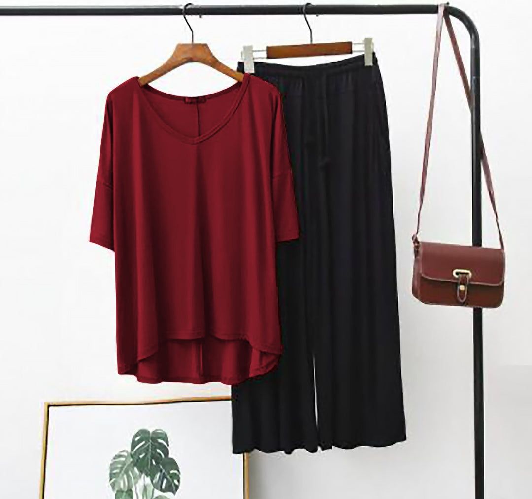 Maroon V Neck Shirt With Black Lose Style Lounge Wear (C-C-379)
