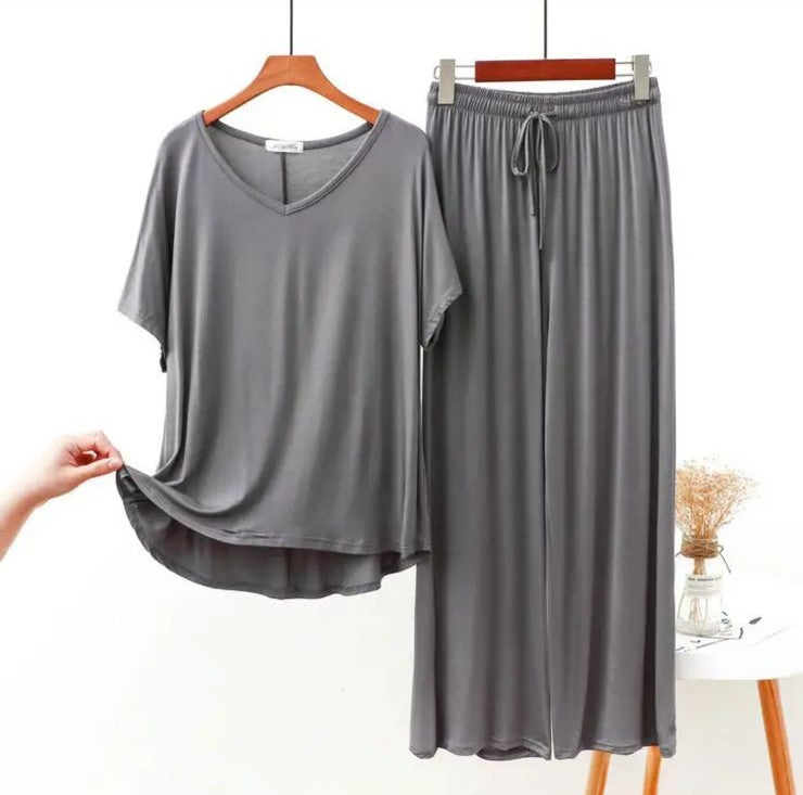 Grey V Neck Half Sleeves Shirt With Lose Style Lounge Wear (C-C-390)