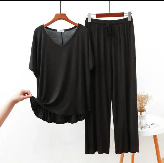 Black V Neck Half Sleeves Shirt With Lose Style Lounge Wear (C-C-391)