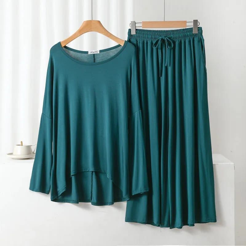 Dark Green Frill Sleeves Shirt With Lose Style Lounge Wear (C-C-412)