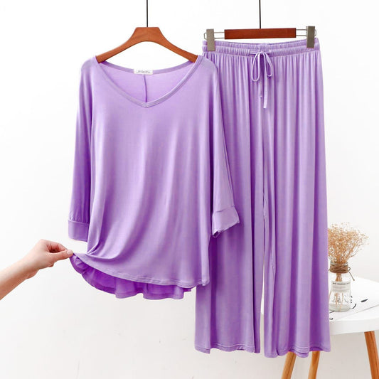 Lilac Plain V Neck Shirt With Palazzo Trouser Home Wear (C-C-409)