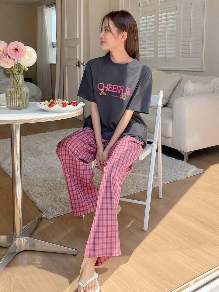 Grey With Pink CHEERFUL Print Half Sleeves Printed Trouser Night Suit (C-C-444)