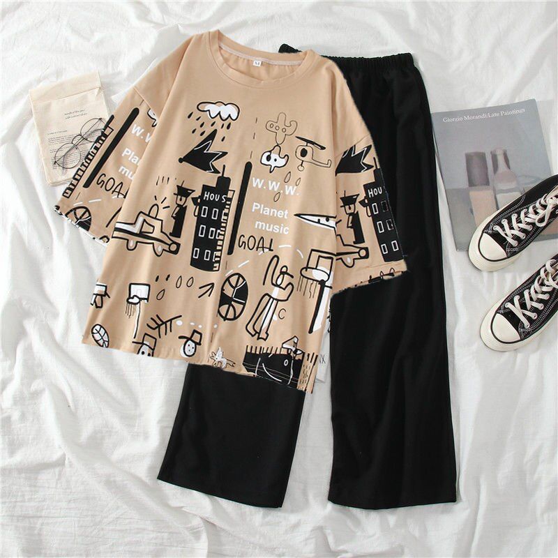 SKIN PLANET MUSIC CITY GRAPHIC OVERSIZED SHIRT WITH BLACK PLAIN TROUSER (C-C-453)