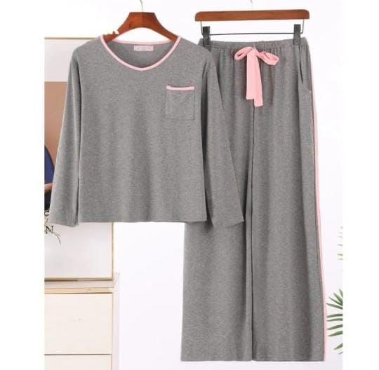 Heather Grey Plain Round Neck Shirt With Piping Trouser Lounge Wear (C-C-464)