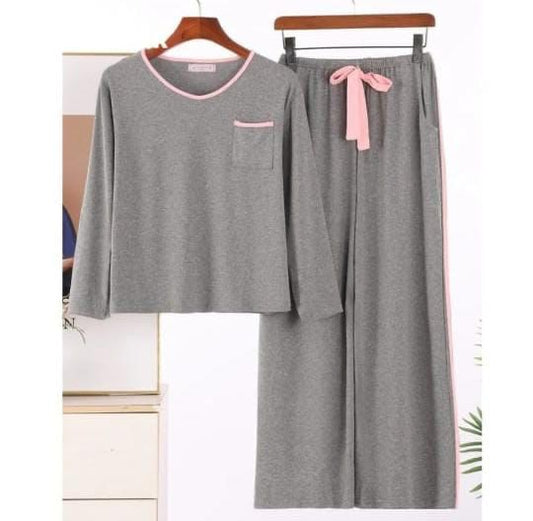 Heather Grey Plain Round Neck Shirt With Piping Trouser Lounge Wear (C-C-464)