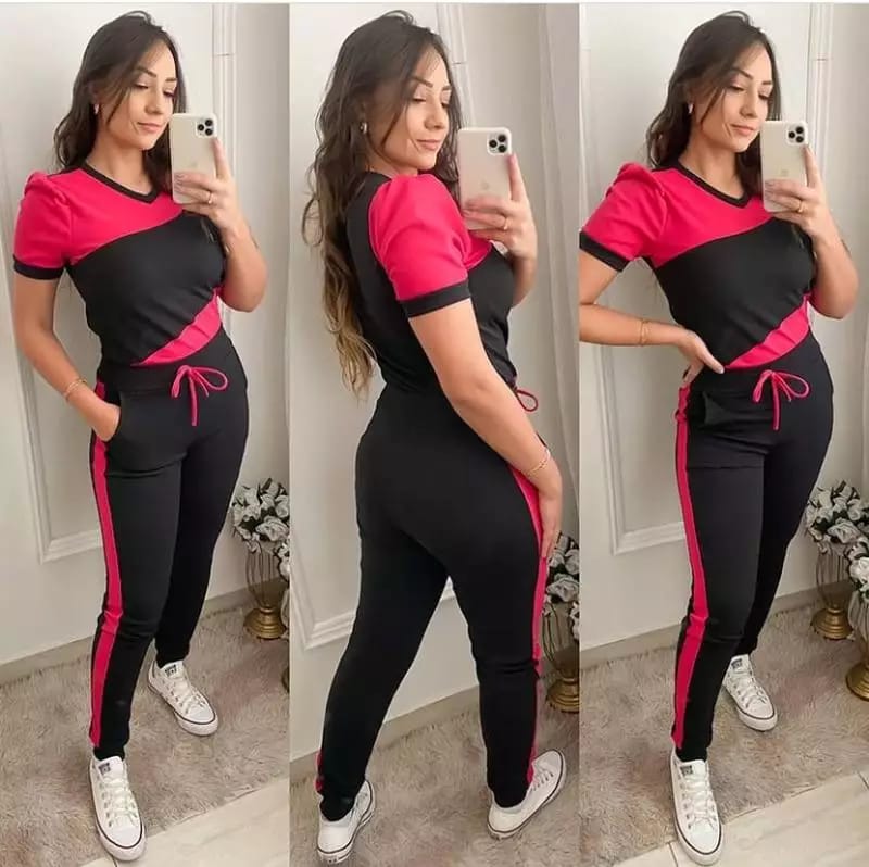 Black With Red Panel Short Sleeves Track Suit (C-C-468)