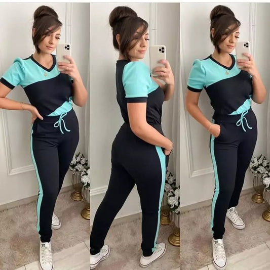 Black With Sea Green Panel Short Sleeves Track Suit (C-C-467)