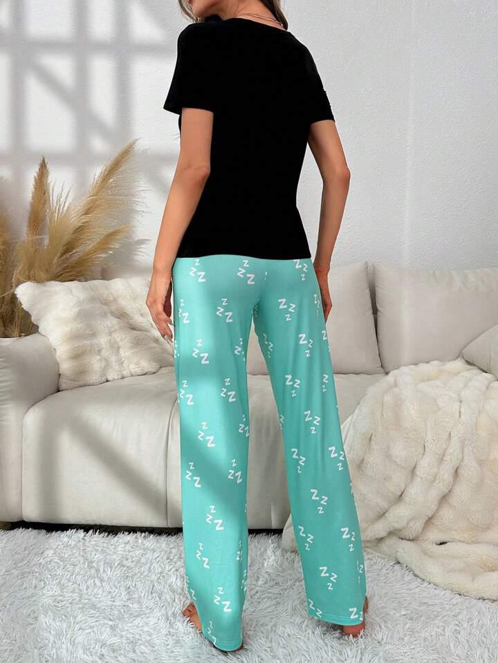 Black Please Do Not Disturb Print Half Sleeves Shirt With Printed Trouser (C-C-476)