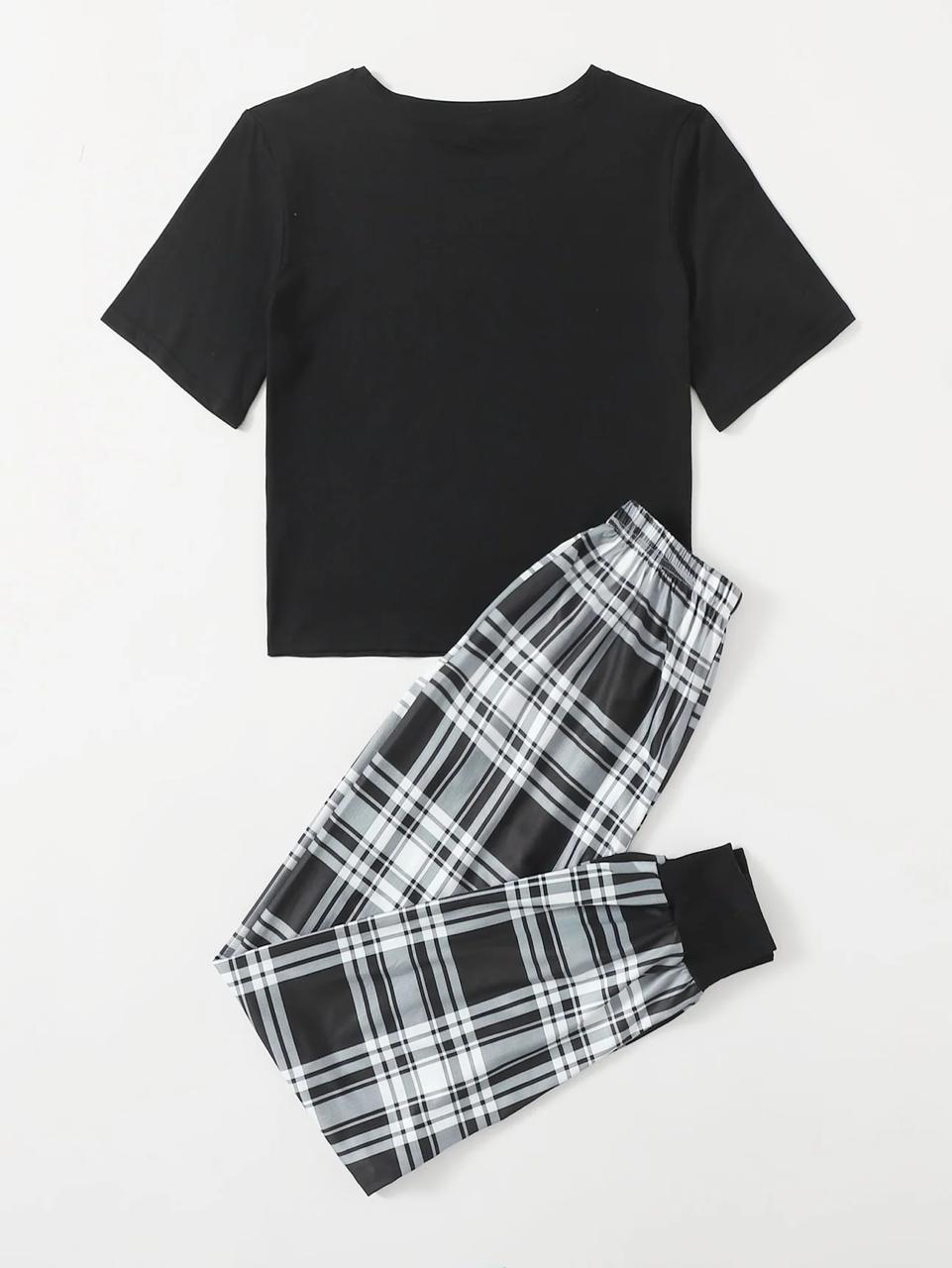 Black Good Time Ahead Print Half Sleeves Shirt With Check Printed Trouser (C-C-477)