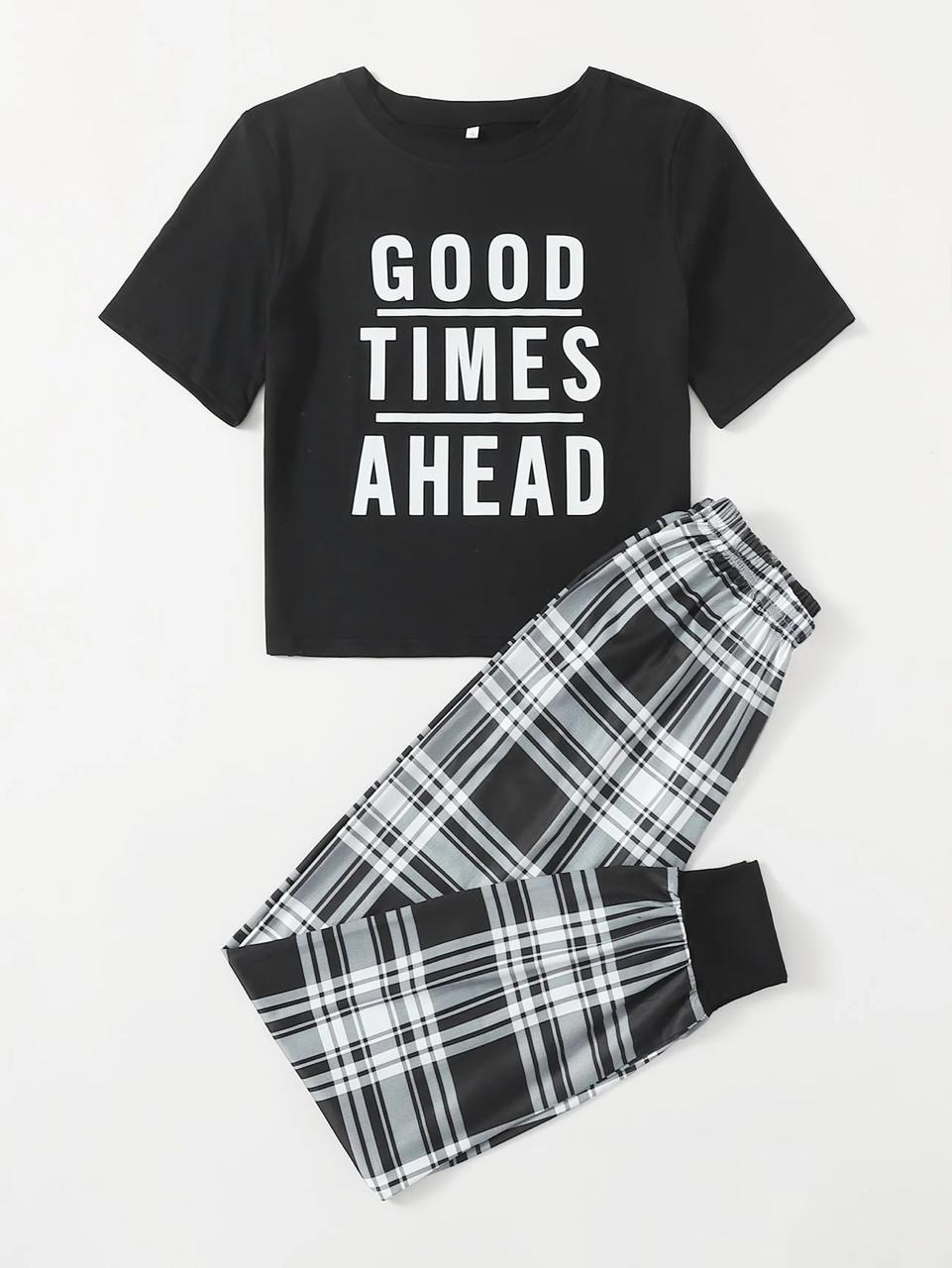 Black Good Time Ahead Print Half Sleeves Shirt With Check Printed Trouser (C-C-477)