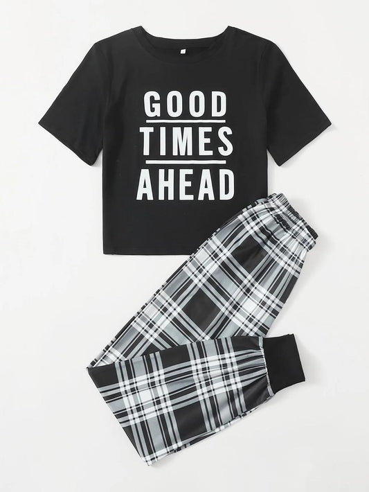 Black Good Time Ahead Print Half Sleeves Shirt With Check Printed Trouser (C-C-477)