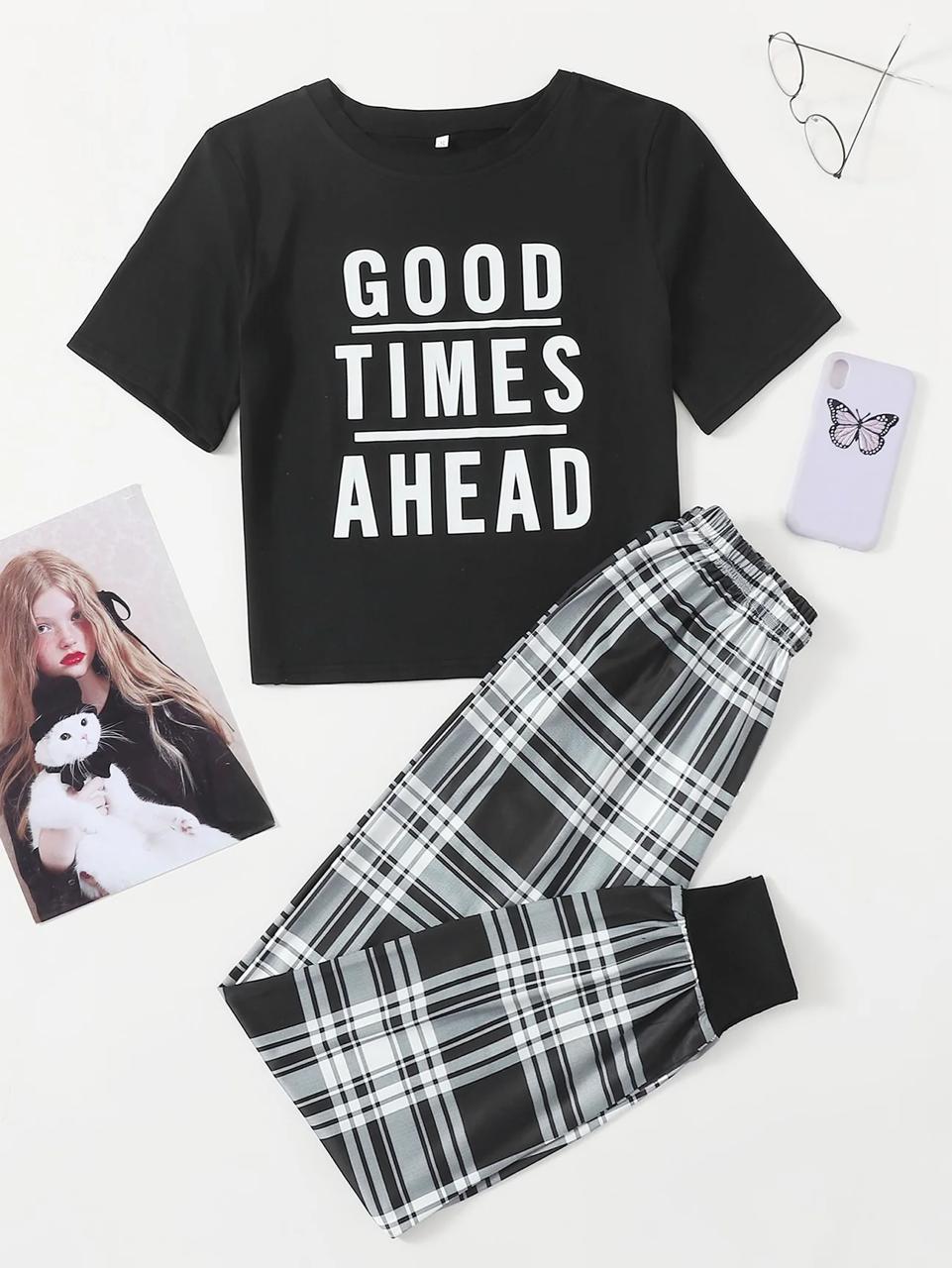 Black Good Time Ahead Print Half Sleeves Shirt With Check Printed Trouser (C-C-477)
