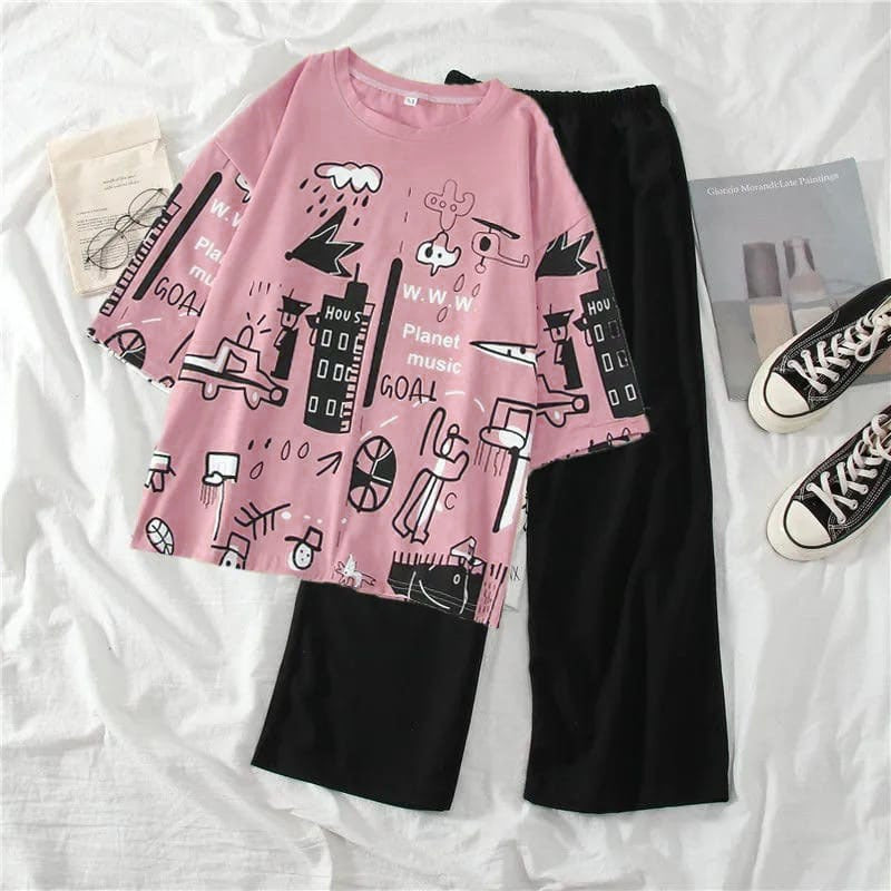 PINK PLANET MUSIC CITY GRAPHIC OVERSIZED SHIRT WITH BLACK PLAIN TROUSER (C-C-479)