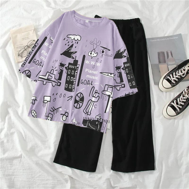 LILAC PLANET MUSIC CITY GRAPHIC OVERSIZED SHIRT WITH BLACK PLAIN TROUSER (C-C-478)